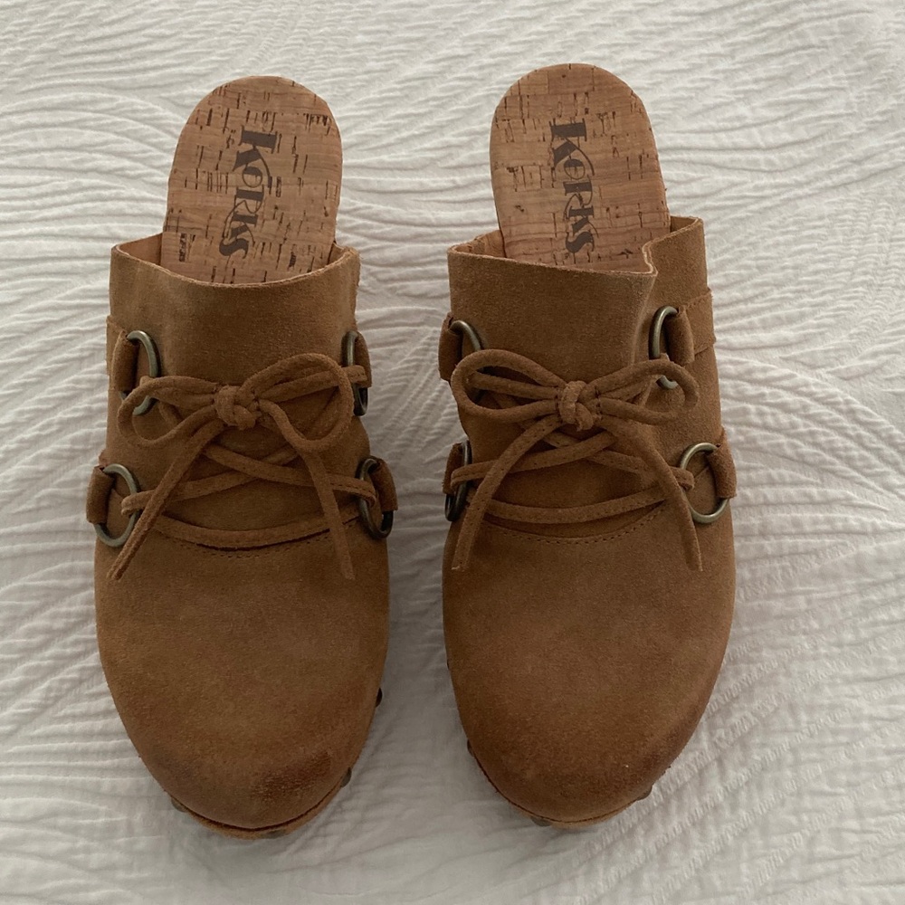 Korks Tan Suede Clogs with Lace Detail 10 M.  Never worn outside.